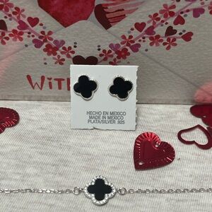 Silver .925 Black Clover Stud Earrings and Bracelet Set